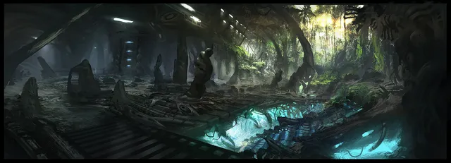 Digitales Environment-Painting „Grand Hall“: eine überwucherte, verfallene Halle mit leuchtend türkisem Wasser.